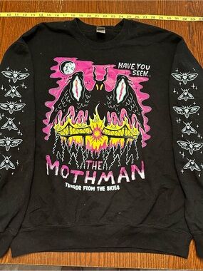 Black Crewneck Sweatshirt with Pink & Yellow Mothman Graphic